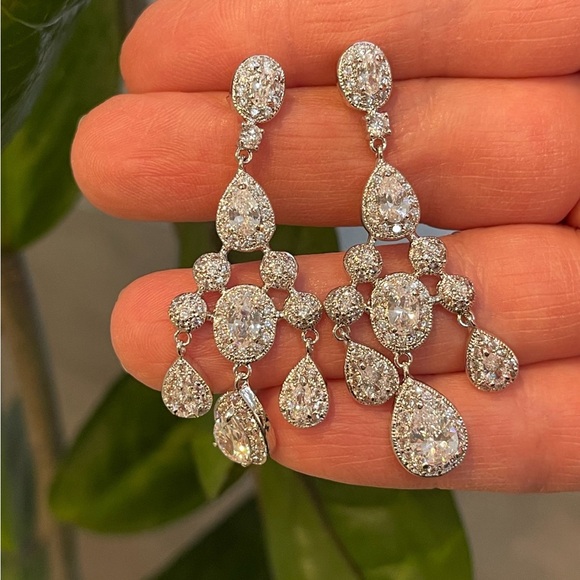 Dessy Cubic Zirconia Chandelier Drop Earrings - White Gold Tone - Picture 4 of 7